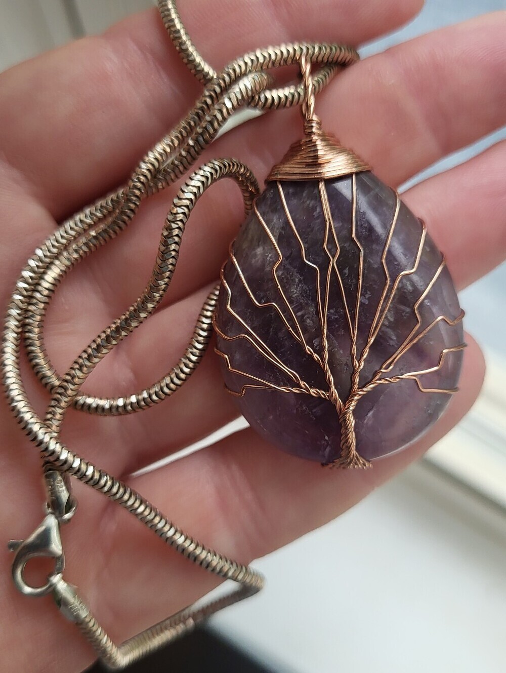 Amethyst Pendent Wrapped In Copper Wire With Chain